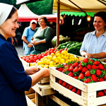 **Prompt:** A Polish woman, fully clothed in modest, comfortable summer attire, thoughtfully selecting fresh, ripe Polish strawberries from a wooden crate at a bustling outdoor farmers' market. Vendors, also fully clothed in appropriate, professional dress, are seen interacting with customers in the background. The market stalls are abundant with a variety of seasonal vegetables and fruits, illuminated by natural sunlight. This scene embodies local, family-friendly, and sustainable food choices. Appropriate content, perfect anatomy, natural pose, well-formed hands, professional photography, high quality, safe for work.