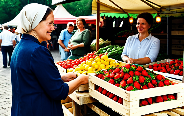 **Prompt:** A Polish woman, fully clothed in modest, comfortable summer attire, thoughtfully selecting fresh, ripe Polish strawberries from a wooden crate at a bustling outdoor farmers' market. Vendors, also fully clothed in appropriate, professional dress, are seen interacting with customers in the background. The market stalls are abundant with a variety of seasonal vegetables and fruits, illuminated by natural sunlight. This scene embodies local, family-friendly, and sustainable food choices. Appropriate content, perfect anatomy, natural pose, well-formed hands, professional photography, high quality, safe for work.